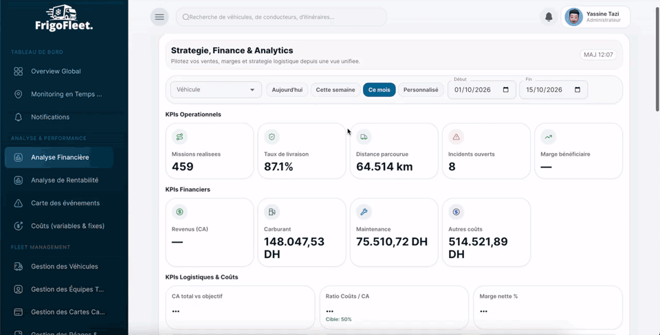 Démonstration du tableau de bord Frigofleet : analyse financière, indicateurs opérationnels et gestion de flotte